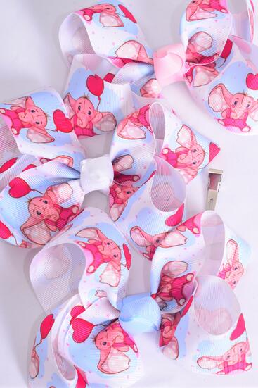 Hair Bow Jumbo Baby Elephant Heart Balloons Grosgrain Bow-tie / 12 pcs Bow = Dozen  Alligator Clip , Size - 6" x 5" Wide , 4 of each Color Asst , Clip Strip & UPC Code