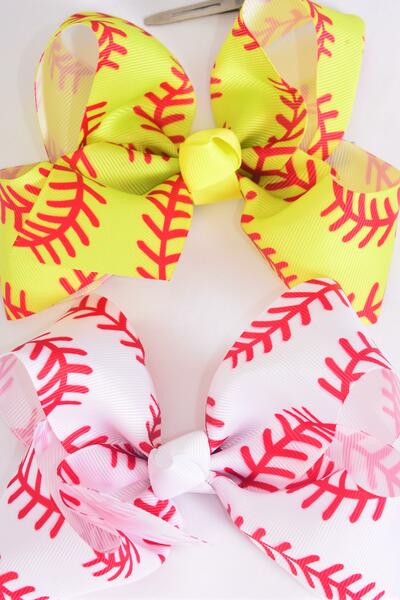 Hair Bow Jumbo Softball Baseball Pattern Mix Grosgrain Bow-tie / 12 pcs Bow = Dozen Alligator Clip , Size - 6" x 5" Wide , 6 Of Each Pattern Asst , Clip Strip & UPC Code