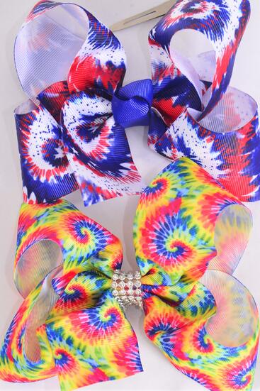 Hair Bow Jumbo Gradient Tiedye Grosgrain Bow-tie / 12 pcs Bow = Dozen  Alligator Clip , Size - 6" x 5" Wide , 6 of each Pattern Asst , Clip Strip & UPC Code