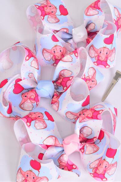 Hair Bow Jumbo Baby Elephant Heart Balloons Grosgrain Bow-tie / 12 pcs Bow = Dozen  Alligator Clip , Size - 6" x 5" Wide , 4 of each Color Asst , Clip Strip & UPC Code