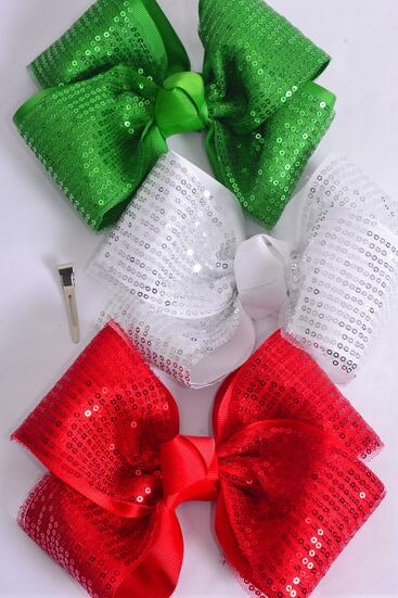 Hair Bow Extra Jumbo XMAS Cheer Type Bow Sequin Iridescent  Double Layered Grosgrain Bow-tie / 12 pcs Bow = Dozen Alligator Clip , Size - 8" x 7" Wide , 4 Red , 4 White , 4 Green Color Asst , Clip Strip & UPC Code