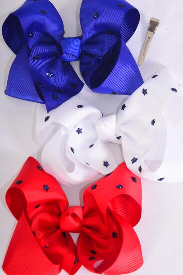 Hair Bow Jumbo Patriotic Studded Blue Stars Grosgrain Bow-tie / 12 pcs Bow = Dozen Alligator Clip , Size - 6" x 5" Wide , 4 of each Pattern Asst , Clip Strip & UPC Code