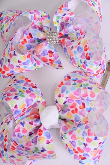 Hair Bow Jumbo Multi Hearts Grosgrain Bow-tie / 12 pcs Bow = Dozen Alligator Clip , Size - 6" x 5" Wide , Clip Strip & UPC Code