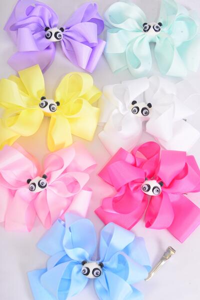 Hair Bow Jumbo Double Layered Cute Panda Bear Grosgrain Bow-tie / 12 pcs Bow = Dozen Alligator Clip , Size - 6" x 5" Wide , 2 White, 2 Pink, 1 Blue, 1 Yellow, 2 Lavender, 2 Hot Pink, 2 Mint Green Color Asst , Clip Strip & UPC Code