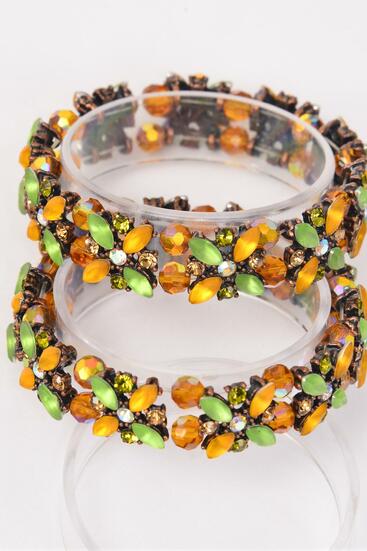 Bracelet Flower Rhinestone Acrylic Stone Mix Stretch Amber/ 12 pcs = Dozen Amber , Stretch , flower - 0.75" , Hang tag , Opp Bag , UPC Code