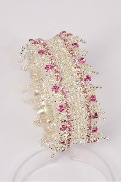 Bracelet Mesh Rhinestones Stretch Pink / 12 pcs = Dozen Pink , Stretch ,  Width - 1.25", Display Card & OPP Bag & UPC Code 