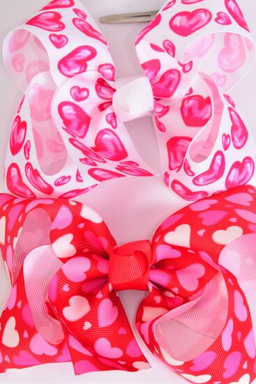 Hair Bow Jumbo Heart Pattern Mix Grosgrain Bow-tie / 12 pcs Bow = Dozen Alligator Clip , Size - 6" x 5" Wide , 6 of each Pattern Asst , Clip Strip & UPC Code