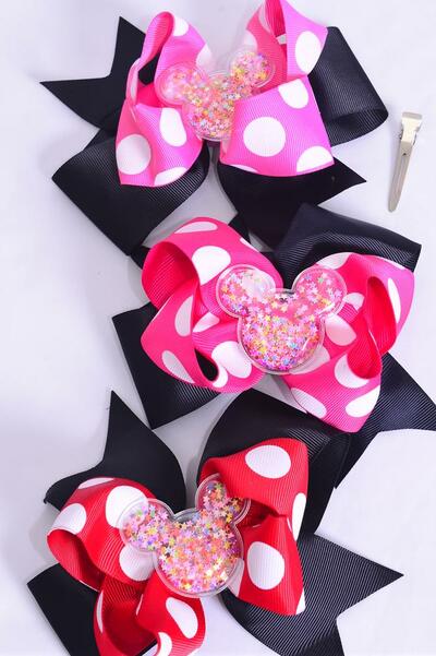 Hair Bow Jumbo Double Layered Glitter Star Mouse Ear Charm Polka dot Grosgrain Bow-tie / 12 pcs Bow = Dozen Alligator Clip , Size - 6" x 6" , 4 Of each Pattern Asst , Clip Strip & UPC Code