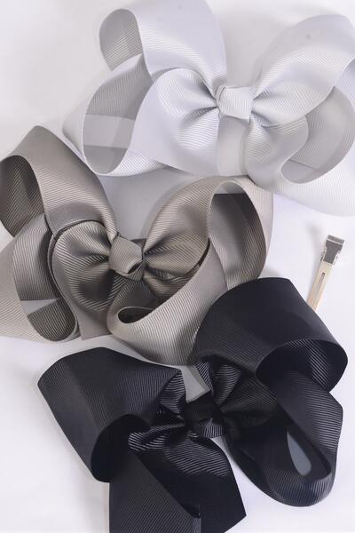 Hair Bow Jumbo Black Gray Mix Grosgrain Bow-tie / 12 pcs Bow = Dozen Alligator Clip , Size - 6" x 5" Wide , 4 Black , 4 Silver Gray , 4 Gray Asst , Clip Strip & UPC Code