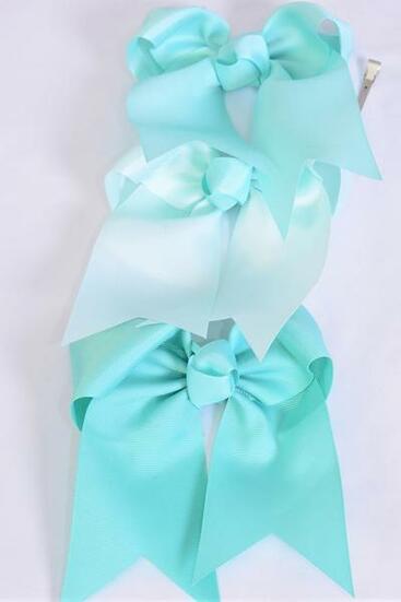 Hair Bow Extra Jumbo Long Tail Cheer Type Bow Mint Green Mix Grosgrain Bow-tie / 12 pcs Bow = Dozen Alligator Clip , Size - 6.5" x 6" Wide , 4 Tropic , 4 Aqua ,4 Mint Green Asst , Clip Strip & UPC Code