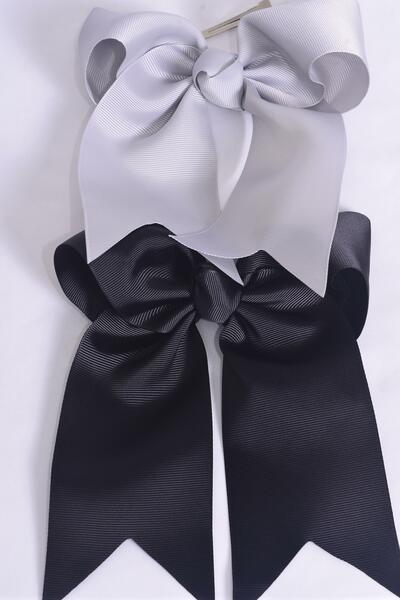 Hair Bow Extra Jumbo Long Tail Black Gray Mix Grosgrain Bow-tie / 12 pcs Bow = Dozen Alligator Clip , Size - 6.5" x 6" Wide , 6 Black , 6 Gray Color Asst , Clip Strip & UPC Code