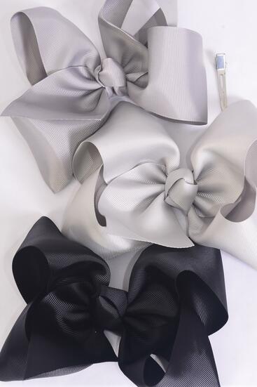 Hair Bow Extra Jumbo Cheer Type Bow Black Gray Mix Grosgrain Bow-tie / 12 pcs Bow = Dozen Alligator Clip , Size - 8" x 7" Wide , 4 Black , 4 Silver Gray , 4 Gray Color Asst , Clip Strip & UPC Code