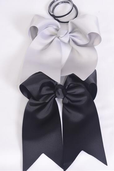 Hair Bow Extra Jumbo Long Tail Cheer Type Bow Black Gray Mix Elastic Grosgrain Bow-tie / 12 pcs Bow = Dozen Elastic , Size - 6.5" x 6" Wide , 6 Black , 6 Gray Color Asst , Clip Strip & UPC Code