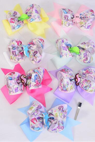 Hair Bow Jumbo Double Layered Center Ocean Creature Charm Grosgrain Bow-tie Pastel / 12 pcs Bow = Dozen  Alligator Clip , Size - 6" x 5" Wide , 2 White , 2 Pink , 2 Lavender , 2 Hot Pink , 2 Mint Green , 1 Blue , 1 Yellow Mix , Clip Strip & UPC Code