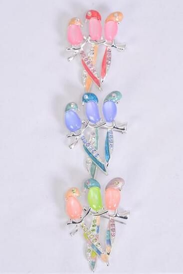 Brooch 3 Birds Parrot Cat eye w Rhinestones Multi / 12 pcs = Dozen Multi , Size - 2.5" x 1.5" Wide , 3 Pastel , 3 Blue , 3 Pink , 3 Lavender Color Mix , Come W Gift Box