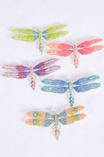 Brooch Enamal Dragonfly Rhinestones Multi / 12 pcs = Dozen Blue , Size - 3.5'' x 2'' Wide , 4 Pastel , 2 Pink , 2 :avender , 2 Lime , 2 Blue Color Asst , Gift Box & UPC Code