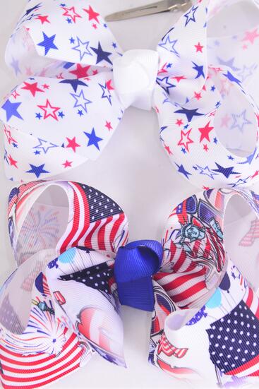 Hair Bow Jumbo Patriotic Flag Star Firework Mix Grosgrain Bow-tie / 12 pcs Bow = Dozen Alligator Clip ,  Bow - 6" x 5" Wide , 6 of each Pattern Asst , Clip Strip & UPC Code