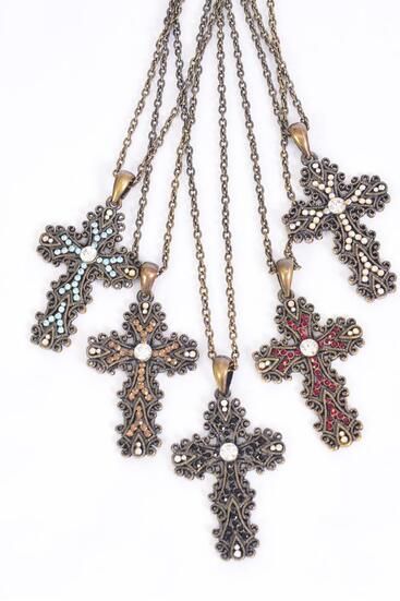 Necklace Antique Filigree Rhinestone Cross Asst / 12 pcs = Dozen ASST , Cross Size - 2" x 1.5" Wide , 24'' Chain , 4 Black , 2 Red , 2 Iridescent , 2 Blue , 2 Smoke Topaz Color Asst , Hang Tag & OPP Bag & UPC Code