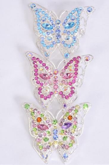 Brooch Butterfly Large Rhinestones Asst / 12 pcs = Dozen Asst , Size - 2" x 2" Wide , 4 Pastel , 4 Blue , 4 Pink Color Asst , Display Card & OPP Bag