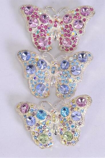 Brooch Butterfly Rhinestones Asst / 12 Pcs = Dozen  Asst , Size - 2" x 1.5" Wide , 4 Pastel , 4 Pink , 4 Blue Mix , Display Card & OPP Bag