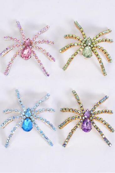 Brooch Spider Iridescent Rhinestones Asst Lavender Lime Blue Pink Mix / 12 PCS = Dozen  Asst , Size - 2.5" x 2.25" Wide , 3 Blue , 3 Pink , 3 Lime , 3 Lavender Asst , Come W Gift Box 