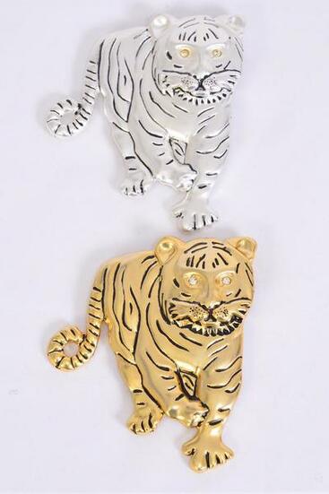 Brooch Tiger Pin Matte Gold Silver Mix / 12 pcs = Dozen Asst , Size - 3" x 2.5" Wide , 6 Gold , 6 Silver Mix , Velvet Card & OPP Bag 