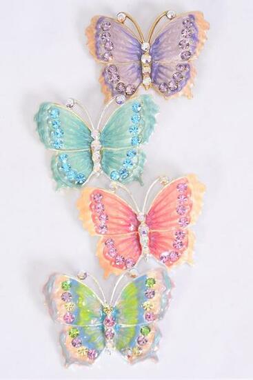 Brooch Butterfly Enamel Rhinestones Asst / 12 pcs = Dozen Asst , Size - 2" x 1.5" Wide , 4 Pastel , 2 Blue , 2 Pink , 2 Lime , 2 Lavender Color Asst , Gift Box & UPC Code