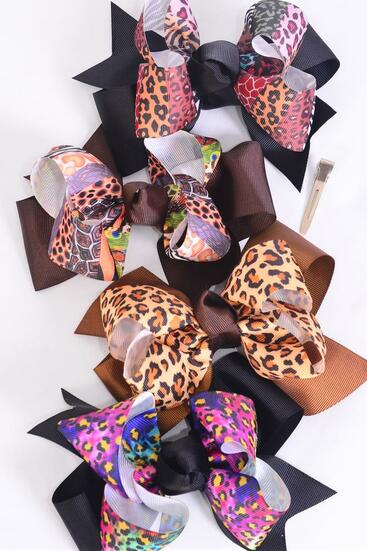 Hair Bow Jumbo Double Layered Leopard Mix Grosgrain Bow-tie / 12 pcs Bow = Dozen Leopard , Alligator Clip , Size - 6" x 5" Wide , 3 of each Pattern , Clip Strip & UPC Code