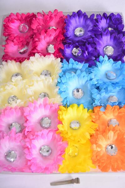 Flower Daisy 24 pcs Multi / 24 pcs Flower = Dozen Multi , Alligator Clip , Flower Size - 2.75" Wide , 2 Fuchsia , 2 Pink , 2 Purple , 2 Beige , 2 Blue , 1 Yellow , 1 Orange Color Asst