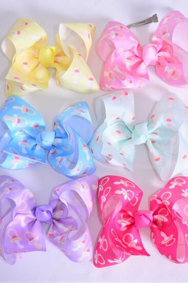 Hair Bow Jumbo Pacifier Grosgrain Bow-tie Pastel / 12 pcs Bow = Dozen  Alligator Clip , Size - 6" x 5" Wide , 2 Of Each Pattern Asst , Clip Strip & UPC Code