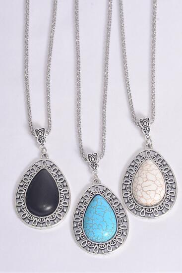 Necklace Silver Chain Metal Antique Teardrop Semiprecious Stone / 12 pcs = Dozen Pendant - 1.75" x 1.25" Wide , Chain-18" Extension Chain , 4 Ivory , 4 Black , 4 Turquoise Asst , Hang Tag & OPP Bag & UPC Code