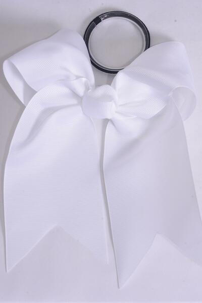 Hair Bow Extra Jumbo Long Tail Cheer Type Bow White Elastic Grosgrain Bow-tie / 12 pcs Bow = Dozen White , Elastic , Size - 6.5" x 6" Wide , Clip Strip & UPC Code