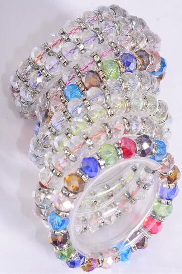 Bracelet Iridescent 10 mm Glass Crystal Stretch Clear Multi / 12 pcs = Dozen Stretch , 6 multi, 6 Clear Asst , Hang Tag & Opp Bag & UPC Code