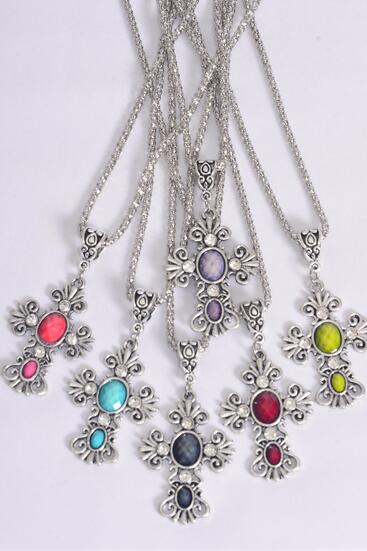 Necklace Silver Chain Cross Marble Look Multi / 12 pair = Dozen  match 25005 00033 Pendant - 1.75" x 1.25" Wide , 18" Extension Chain , 2 Of Each Color Asst , Hang Tag & OPP Bag & UPC Code