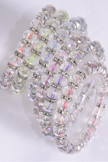 Bracelet Iridescent 10 mm Glass Crystal Stretch Clear Multi / 12 pcs = Dozen Stretch , 2 Of each Color Asst , Hang Tag & Opp Bag & UPC Code