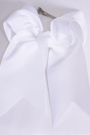 Hair Bow Extra Jumbo Long Tail Cheer Type Bow  White Grosgrain Bow-tie / 12 pcs Bow = Dozen  White , Alligator Clip , Size - 6.5" x 6" Wide , Clip Strip & UPC Code