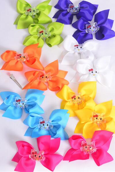 Hair Bow 24 pcs Cute Kitty Charm Multi Grosgrain Bow-tie / 12 pair Bow = Dozen Alligator Clip , Size - 3.5" x 3" Wide , 2 White, 2 Fuchsia , 2 Purple , 2 Yellow , 2 Blue , 1 Lime , 1 Orange Color Asst , Clip Strip & UPC Code