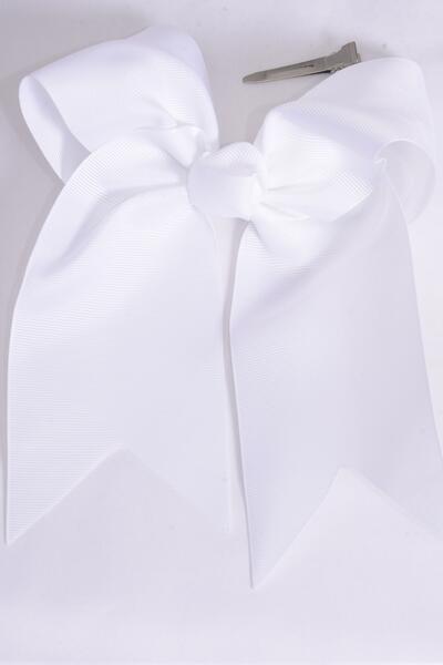 Hair Bow Extra Jumbo Long Tail Cheer Type Bow White Grosgrain Bow-tie / 12 pcs Bow = Dozen White , Alligator Clip , Size - 6.5" x 6", Clip Strip & UPC Code