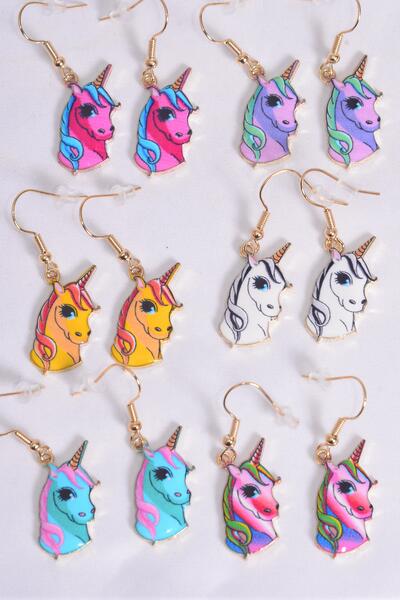 Earrings Unicorn Enamel Color Asst / 12 pair = Dozen  match 25753 27678 Multi , Fish Hook , 2 Of each Pattern Asst , Earring Card & OPP Bag & UPC Code