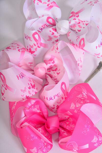 Hair Bow Jumbo Pink Ribbon Hope Grosgrain Bow-tie / 12 pcs Bow = Dozen Alligator Clip , Size - 6" x 5 Wide , 3 White , 3 Baby Pink , 3 Hot Pink , 3 Fuchsia Color Asst , Clip Strip & UPC Code