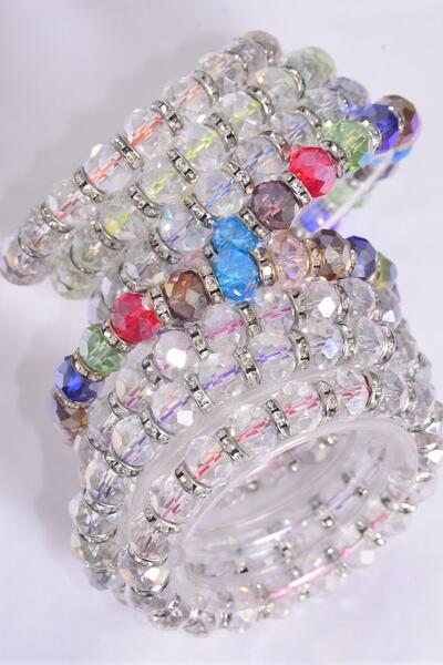 Bracelet Iridescent 10 mm Glass Crystal Stretch Clear Multi / 12 pcs = Dozen Stretch , 6 multi, 6 Clear Asst , Hang Tag & Opp Bag & UPC Code