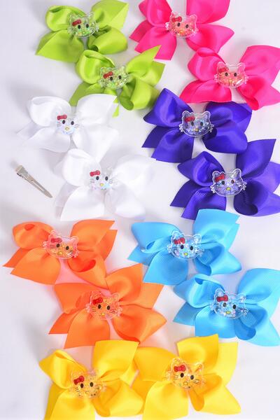 Hair Bow 24 pcs Cute Kitty Charm Multi Grosgrain Bow-tie / 12 pair Bow = Dozen Alligator Clip , Size - 3.5" x 3" Wide , 2 White, 2 Fuchsia , 2 Purple , 2 Yellow , 2 Blue , 1 Lime , 1 Orange Color Asst , Clip Strip & UPC Code