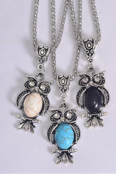 Necklace Silver Chain Owl Semiprecious Stone / 12 pcs = Dozen  match 02661 Pendant - 1.5" x 0.75" Wide , Chain-18" Extension Chain , 4 Ivory , 4 Black , 4 Turquoise Asst , Hang Tag & OPP Bag & UPC Code