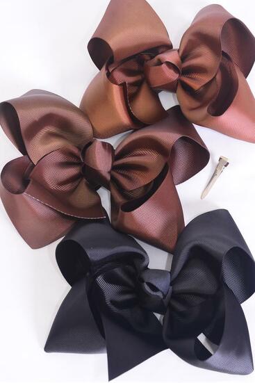 Hair Bow Extra Jumbo Cheer type Bow Brown tone Mix Grosgrain Bow-tie / 12 pcs Bow = Dozen Alligator Clip , Size - 8" x 7" Wide , 4 Black , 4 Dark Brown , 4 Light Brown Pattern Mix , Clip Strip & UPC Code