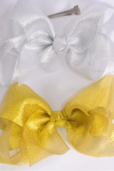 Hair Bow Jumbo Metallic Gold Silver Asst / 12 pcs Bow = Dozen Alligator Clip , Size - 6" x 5" Wide , 6 Gold , 6 Silver Asst , Clip Strip & UPC Code