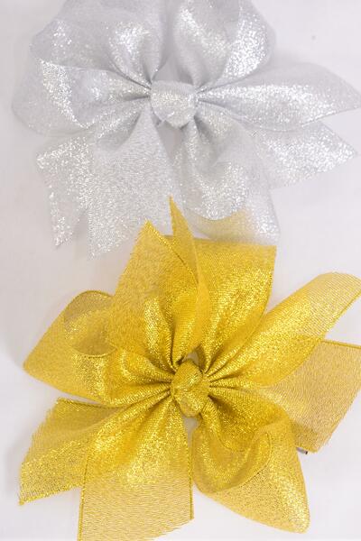 Hair Bow Jumbo Metallic Gold Silver Mix /  12 pcs Bow = Dozen Alligator Clip , Size - 6" x 5" Wide , 6 Gold , 6 Silver Asst , Clip Strip & UPC Code