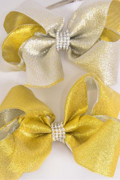 Hair Bow Jumbo Double Layered Metallic Gold Silver Mix / 12 pcs Bow = Dozen Alligator Clip , Size - 6" x 5" Wide , 6 Gold , 6 Silver Color Asst , Clip Strip & UPC Code