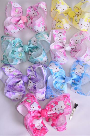 Hair Bow Jumbo Cute Kitty Plaid Grosgrain Bow-tie Pastel / 12 pcs Bow = Dozen Alligator Clip , Size - 6" x 5" Wide , 2 White , 2 Baby Pink , 2 Lavender , 2 Hot Pink , 2 Mint , 1 Blue , 1 Yellow Color Asst , Clip Strip & UPC Code