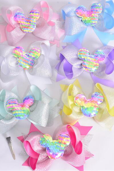 Hair Bow Jumbo Double Layered Center Flip Sequins Mouse Ear Charm Pastel Grosgrain Bow-tie / 12 pcs Bow = Dozen  Size-6"x 5", Alligator Clip ,2 White ,2 Pearl Pink ,2 Lavender ,2 Blue ,2 Yellow ,1 Hot Pink ,1 Mint Green Color Asst ,Clip Strip & UPC Code 86703