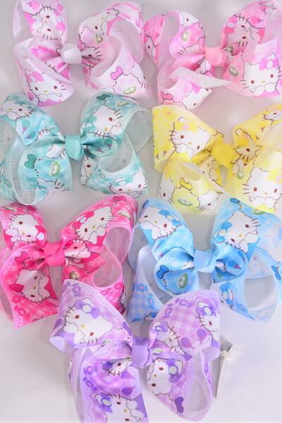 Hair Bow Jumbo Cute Kitty Plaid Grosgrain Bow-tie Pastel / 12 pcs Bow = Dozen Alligator Clip , Size - 6" x 5" Wide , 2 White , 2 Baby Pink , 2 Lavender , 2 Hot Pink , 2 Mint , 1 Blue , 1 Yellow Color Asst , Clip Strip & UPC Code